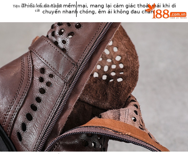 Boot Martin nữ da bò đế dày gót thô họa tiết hoa văn rỗng thoáng khí — Màu nâu chi tiết 6