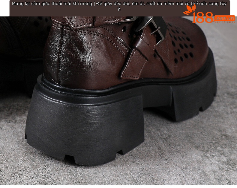 Boot Martin nữ da bò đế dày gót thô họa tiết hoa văn rỗng thoáng khí — Màu nâu chi tiết 8
