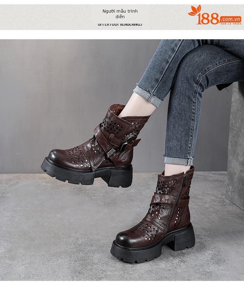 Boot Martin nữ da bò đế dày gót thô họa tiết hoa văn rỗng thoáng khí — Màu nâu chi tiết 9