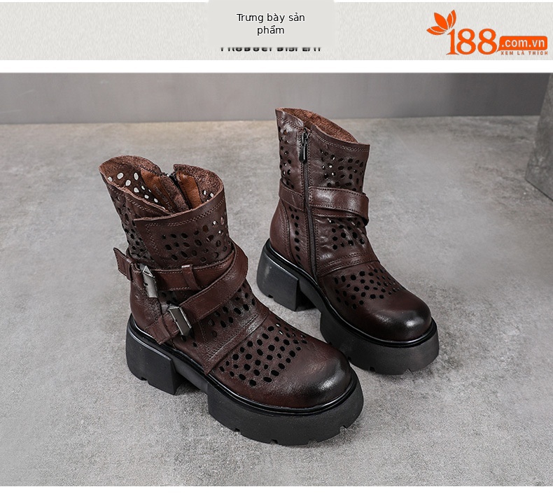 Boot Martin nữ da bò đế dày gót thô họa tiết hoa văn rỗng thoáng khí — Màu nâu chi tiết 10