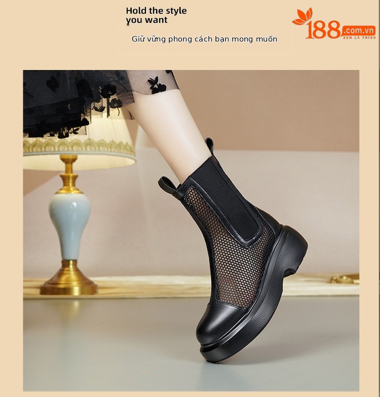 Boot lưới nữ cổ thấp thoáng khí mùa hè phong cách Martin — Màu đen chi tiết 9