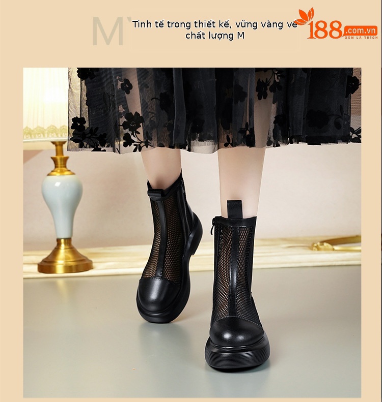 Boot lưới nữ cổ thấp thoáng khí mùa hè phong cách Martin — Màu đen chi tiết 11