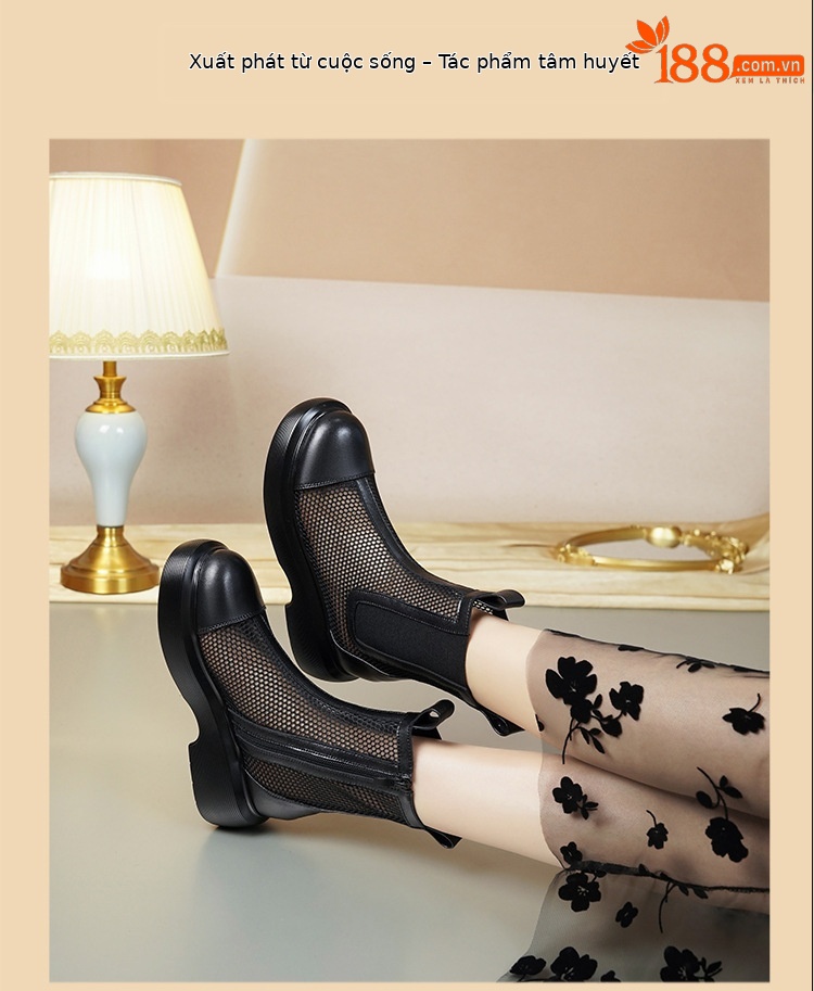 Boot lưới nữ cổ thấp thoáng khí mùa hè phong cách Martin — Màu đen chi tiết 12