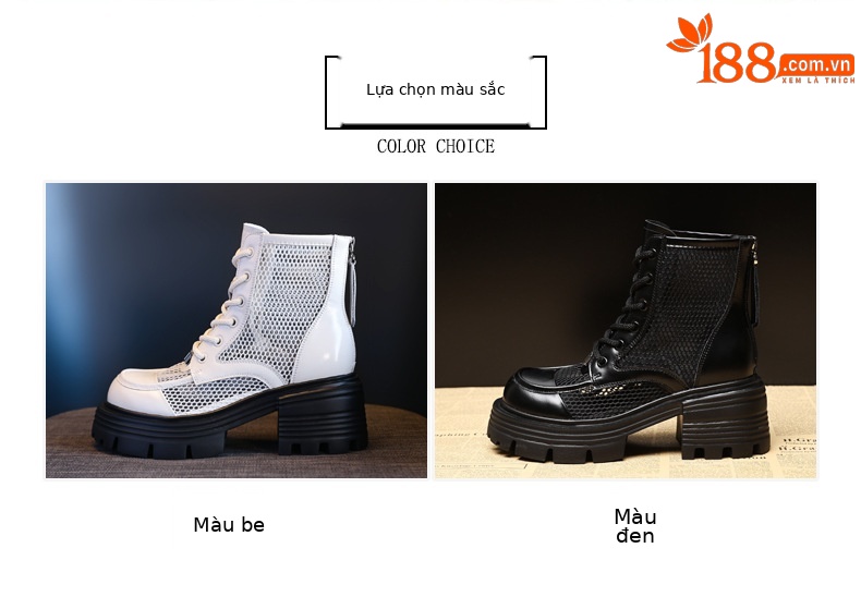 Boot martin nữ đục lỗ đế dày gót thô ML5988-1 — Màu be, Màu đen chi tiết 2