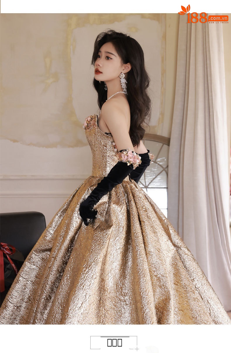 Đầm dạ hội ôm body dáng dài, thiết kế cổ V sâu, tay sát nách, phong cách vintage — Vàng Qidi (không bao gồm găng tay), Màu vàng cộng với găng tay chi tiết 2