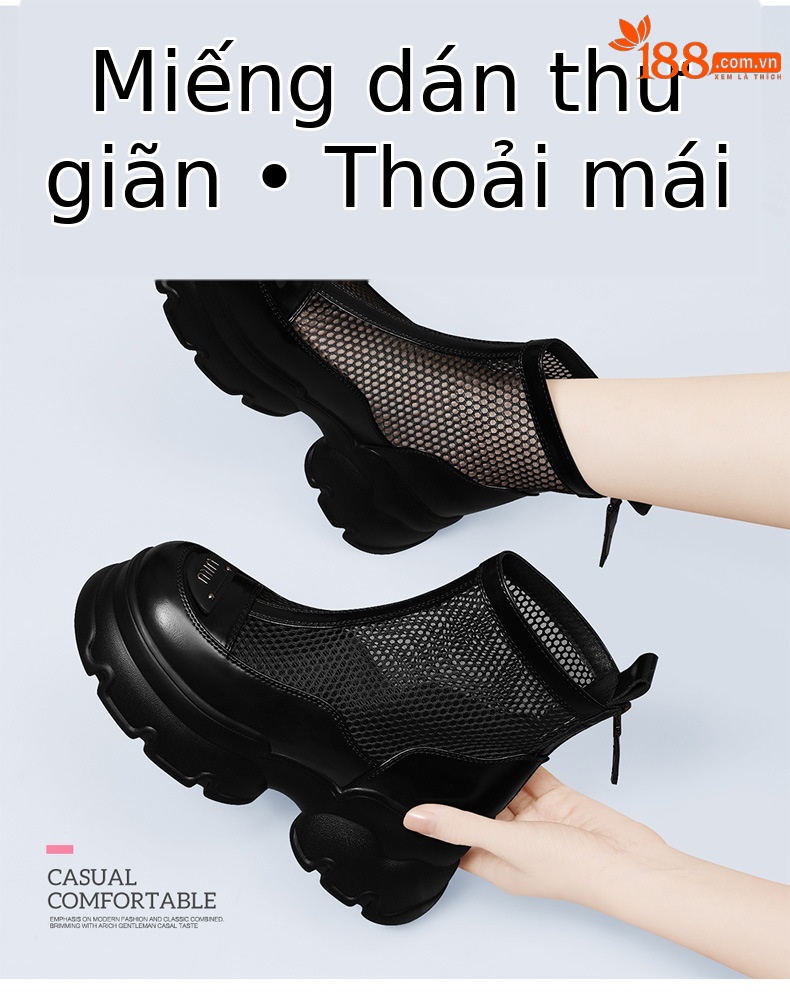 Boot lưới nữ đế dày da mềm thoáng khí mùa hè gót thô — 1855 màu đen chi tiết 4