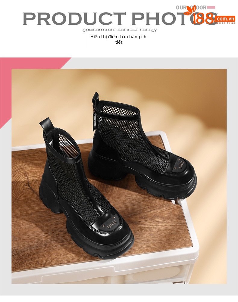 Boot lưới nữ đế dày da mềm thoáng khí mùa hè gót thô — 1855 màu đen chi tiết 5