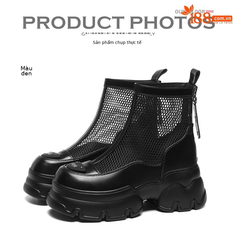 Boot lưới nữ đế dày da mềm thoáng khí mùa hè gót thô — 1855 màu đen chi tiết 10