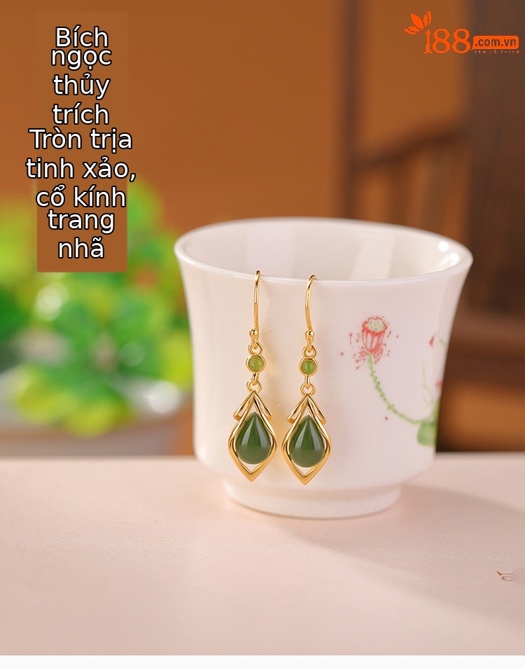 Bông tai nữ bạc S925 mạ vàng đính đá ngọc bích hình giọt nước phong cách retro — Kiểu màu vàng chi tiết 1