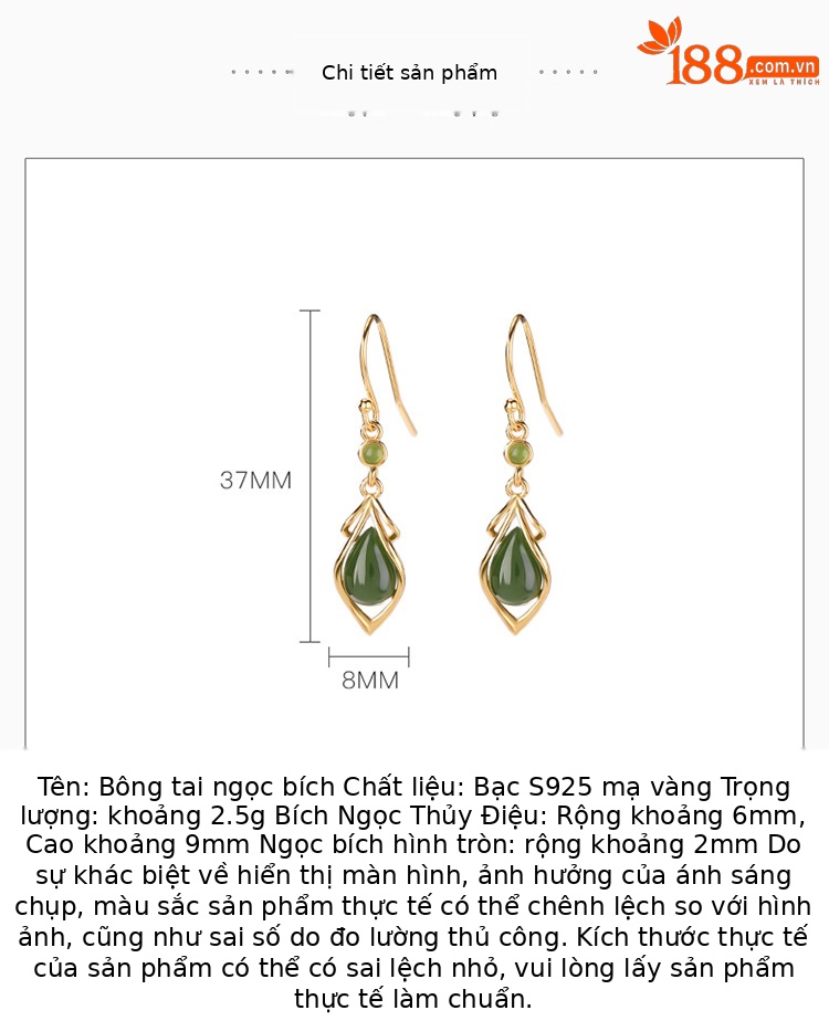 Bông tai nữ bạc S925 mạ vàng đính đá ngọc bích hình giọt nước phong cách retro — Kiểu màu vàng chi tiết 2