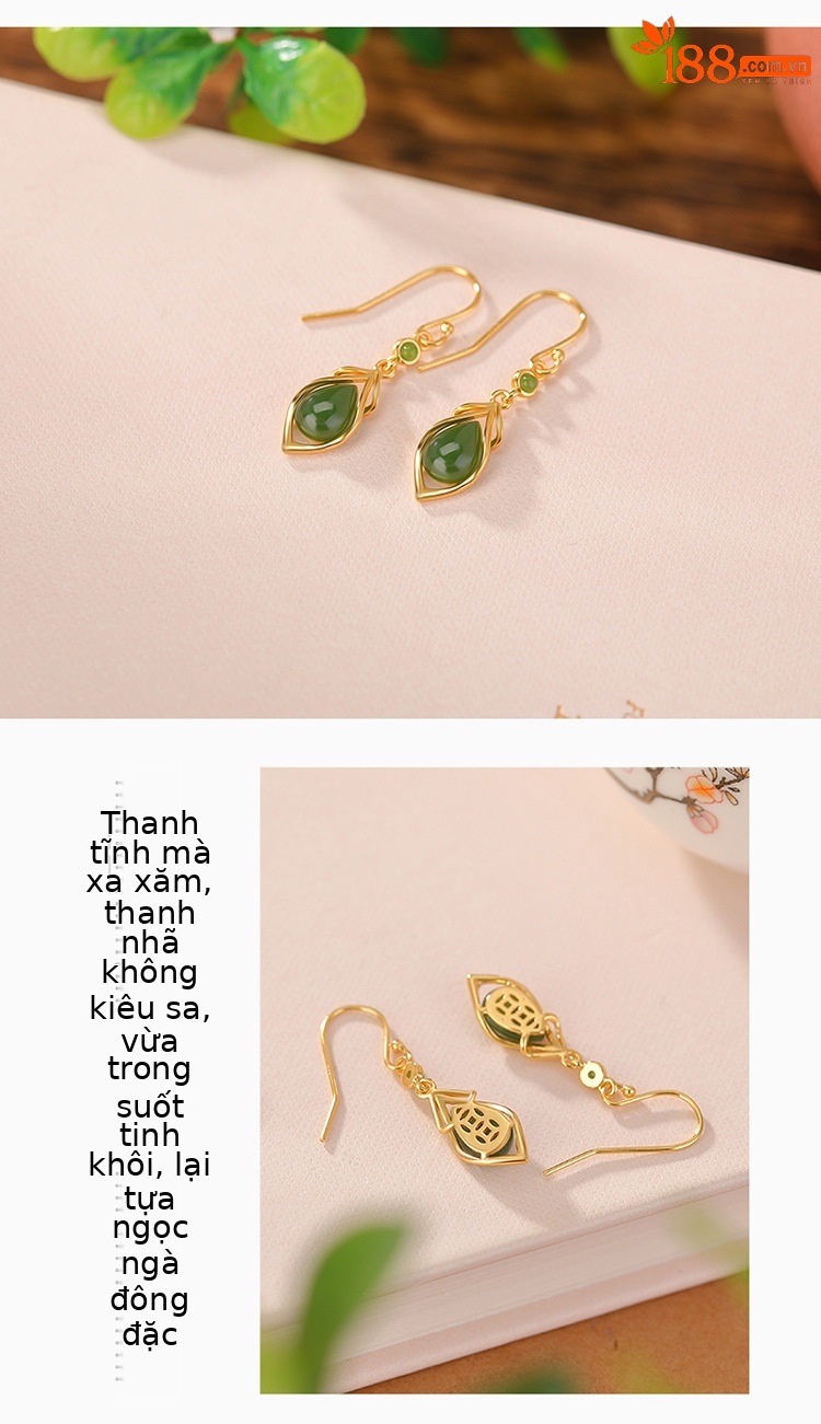 Bông tai nữ bạc S925 mạ vàng đính đá ngọc bích hình giọt nước phong cách retro — Kiểu màu vàng chi tiết 3