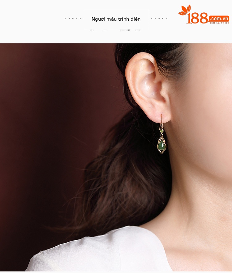 Bông tai nữ bạc S925 mạ vàng đính đá ngọc bích hình giọt nước phong cách retro — Kiểu màu vàng chi tiết 5