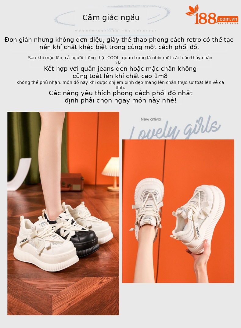 Giày platform nữ đế xuồng cao gót 8cm, dây buộc lưới thoáng khí — Len sạch, Đen chi tiết 3