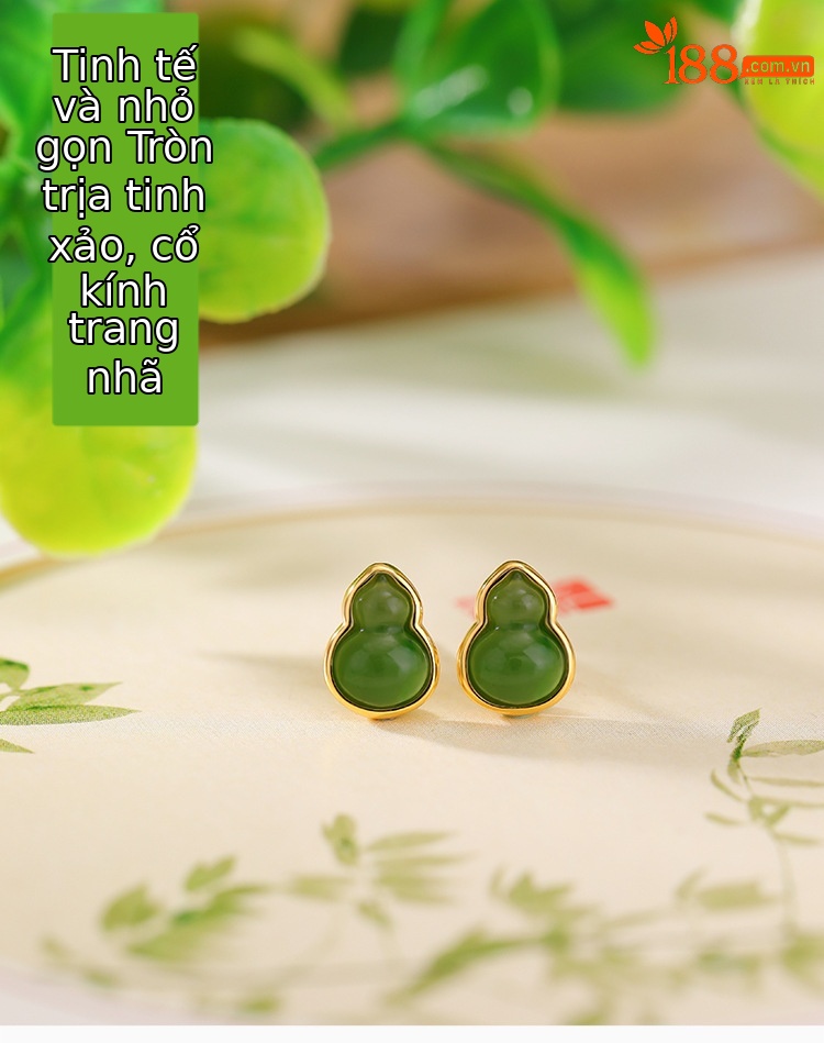 Bông tai bạc S925 mạ vàng đính ngọc bích jasper phong cách retro đơn giản — Kiểu màu bạc chi tiết 1