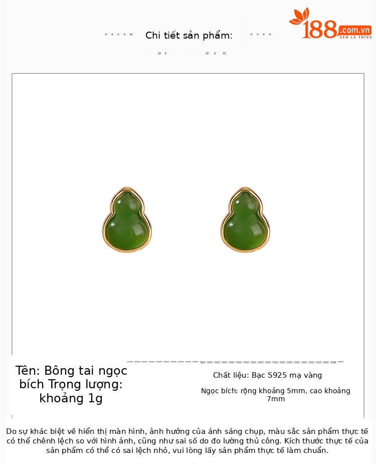 Bông tai bạc S925 mạ vàng đính ngọc bích jasper phong cách retro đơn giản — Kiểu màu bạc chi tiết 2