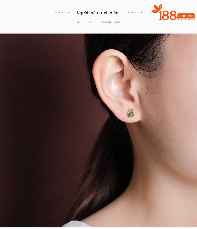 Bông tai bạc S925 mạ vàng đính ngọc bích jasper phong cách retro đơn giản — Kiểu màu bạc chi tiết 5