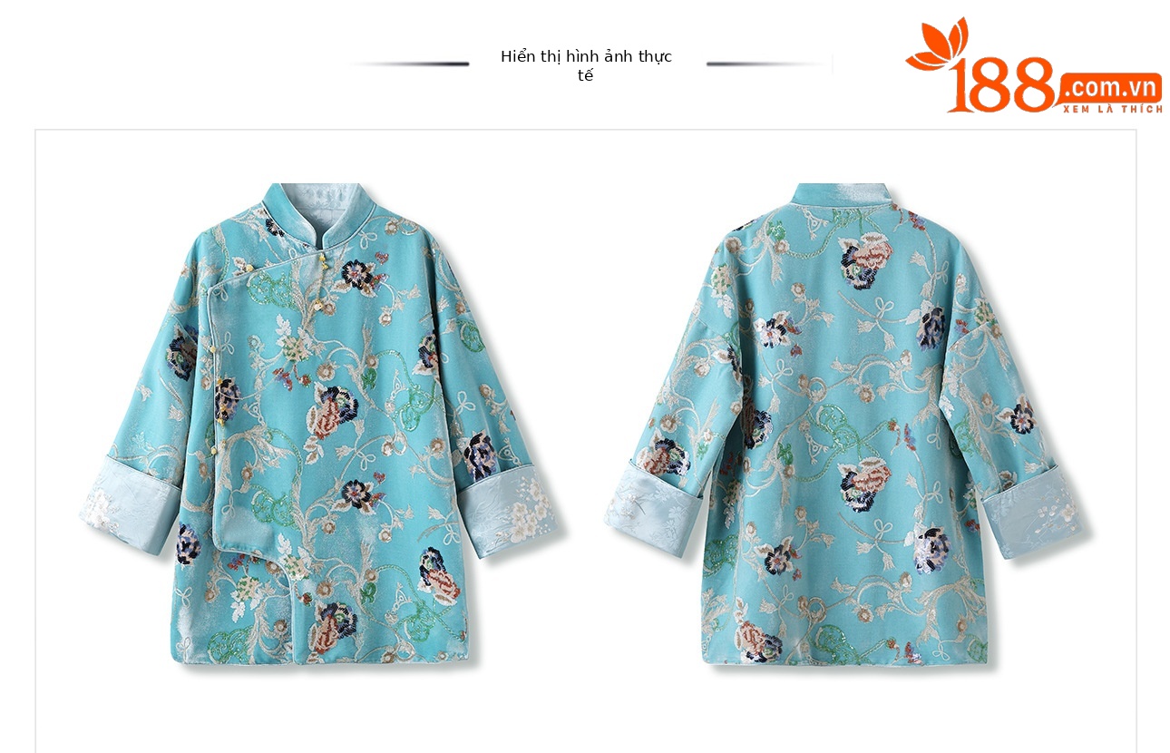 Áo sơ mi satin thêu hoa phong cách Trung Hoa cổ tiền M3003 — Màu xanh nước hồ chi tiết 11