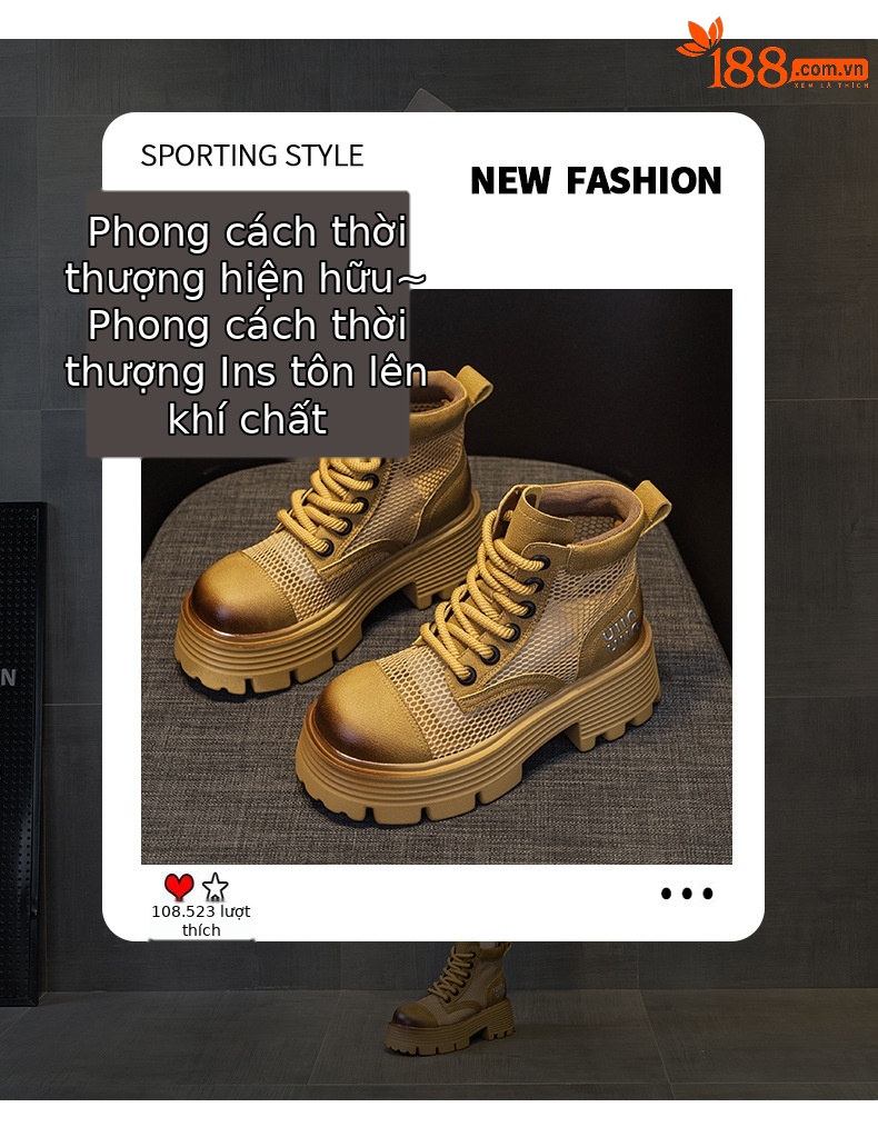 Boot Martin nữ mùa hè 2026 da đục lỗ lưới thoáng khí phong cách retro châu Âu cổ thấp — Mẫu đục lỗ màu vàng M2565, Mẫu lưới màu be M2565-1, Mẫu đục lỗ màu be M2565, Mẫu lưới trong suốt màu vàng M2565-1 chi tiết 4