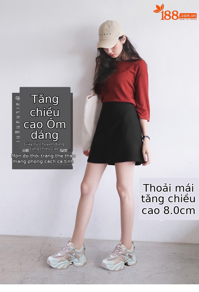 Giày sneaker nữ chunky đế dày tăng chiều cao 8cm buộc dây thời trang — M2566 màu be, M2566 màu hồng chi tiết 1