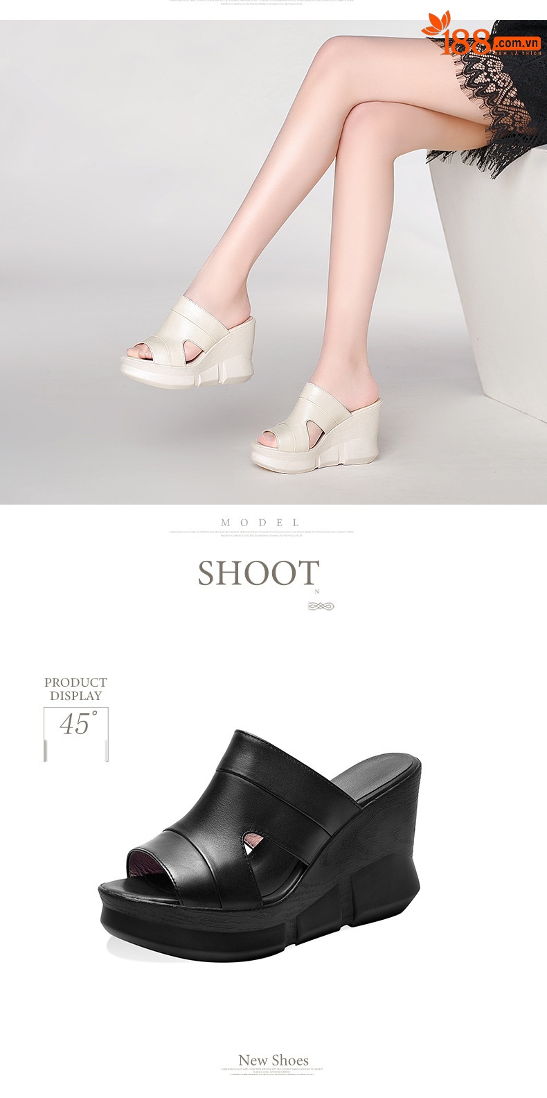 Sandal nữ da bò mũi cá gót xuồng cao đế dày phong cách mới xuân hè — Màu đen chi tiết 11