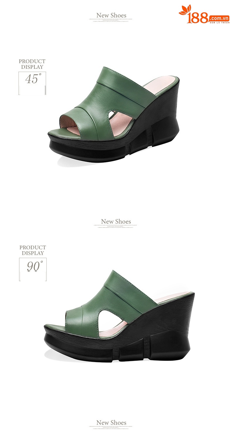 Sandal nữ da bò mũi cá gót xuồng cao đế dày phong cách mới xuân hè — Màu đen chi tiết 13