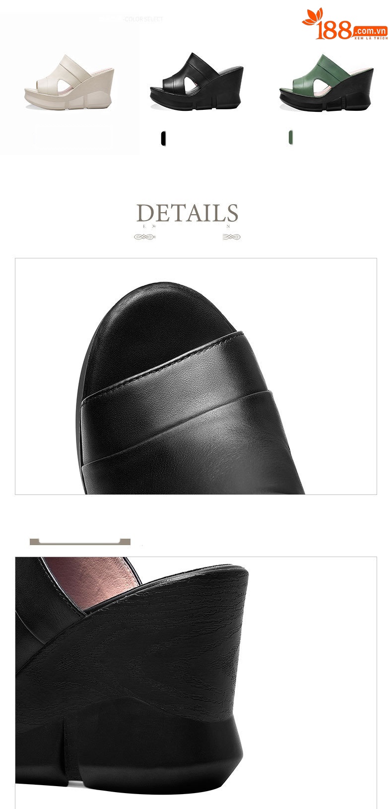 Sandal nữ da bò mũi cá gót xuồng cao đế dày phong cách mới xuân hè — Màu đen chi tiết 5