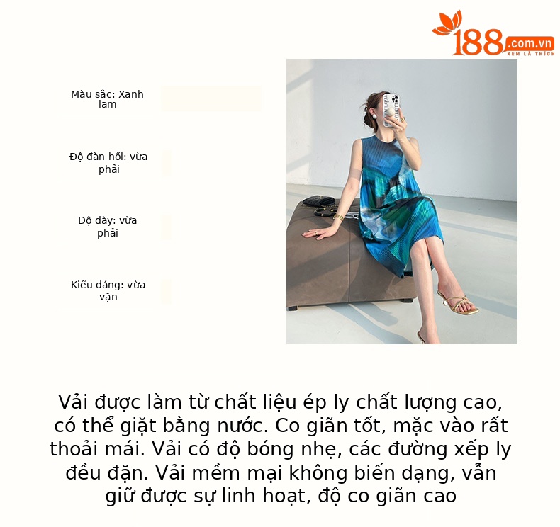 Váy liền thân xếp ly in họa tiết dáng xòe rộng rãi, không tay — Màu xanh lam chi tiết 3