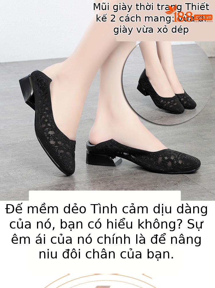 Sandal lưới bít mũi da thật gót vuông thoáng khí đế mềm — Màu be chi tiết 2