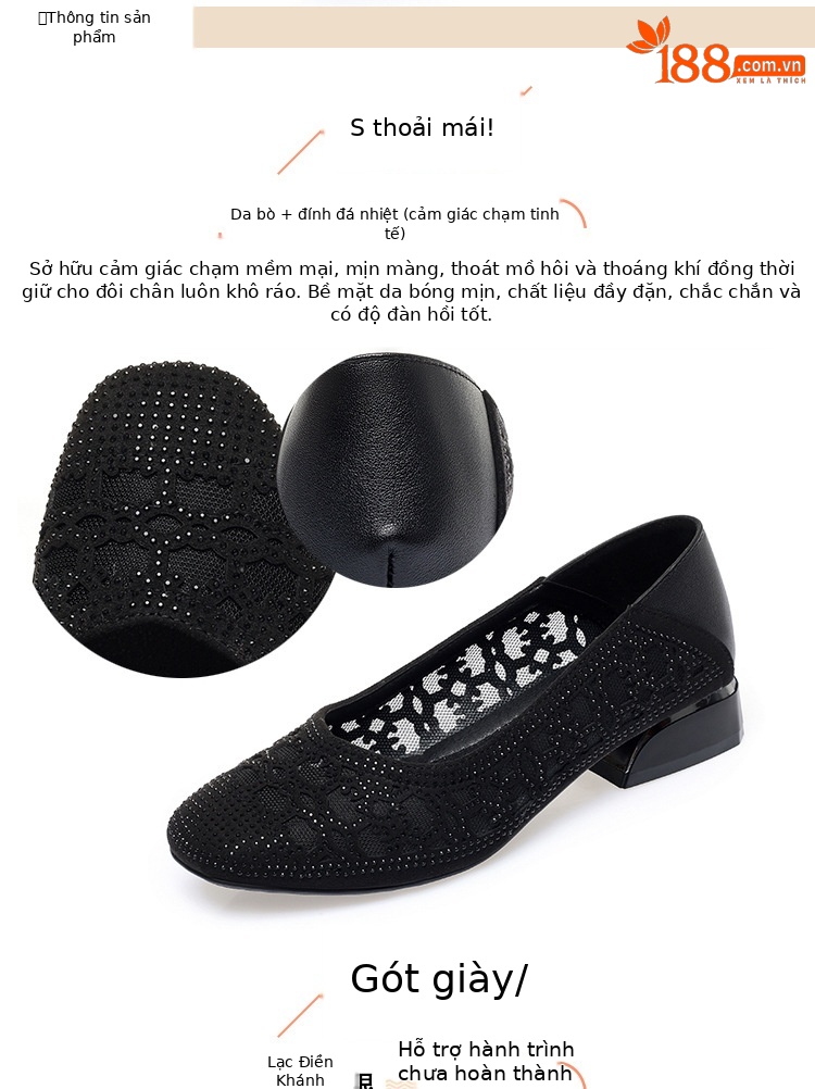 Sandal lưới bít mũi da thật gót vuông thoáng khí đế mềm — Màu be chi tiết 4