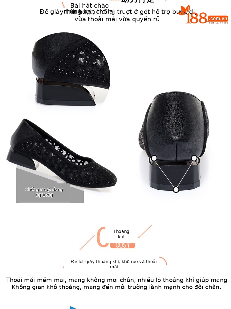 Sandal lưới bít mũi da thật gót vuông thoáng khí đế mềm — Màu be chi tiết 5