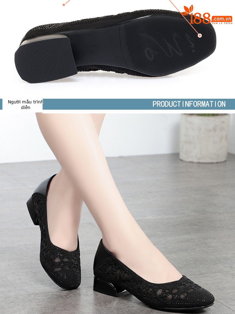 Sandal lưới bít mũi da thật gót vuông thoáng khí đế mềm — Màu be chi tiết 7
