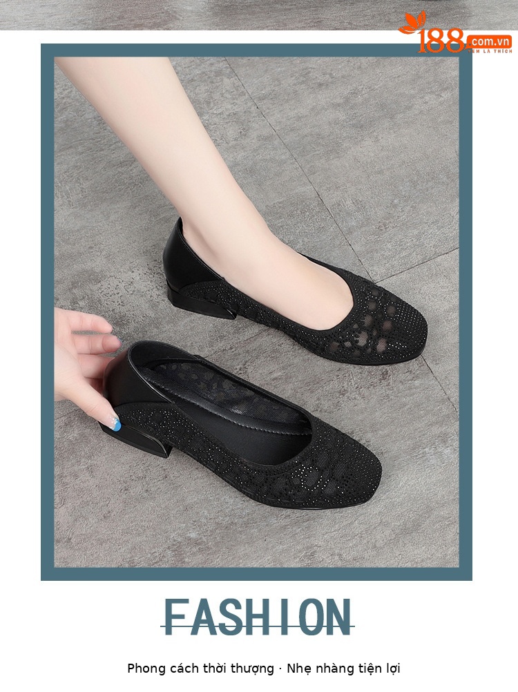 Sandal lưới bít mũi da thật gót vuông thoáng khí đế mềm — Màu be chi tiết 8
