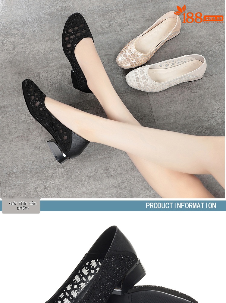 Sandal lưới bít mũi da thật gót vuông thoáng khí đế mềm — Màu be chi tiết 14