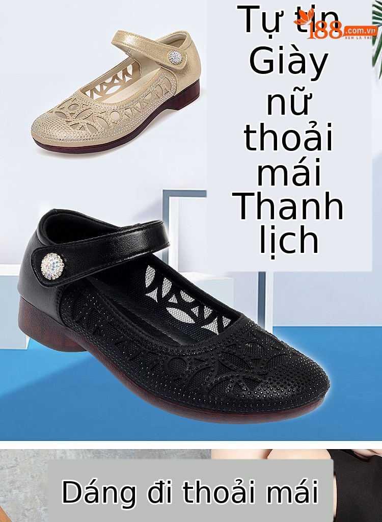 Sandal nữ đế bệt da thật mặt lưới thoáng mát — Màu be chi tiết 1