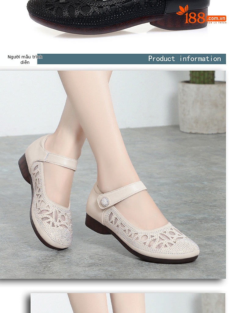 Sandal nữ đế bệt da thật mặt lưới thoáng mát — Màu be chi tiết 10