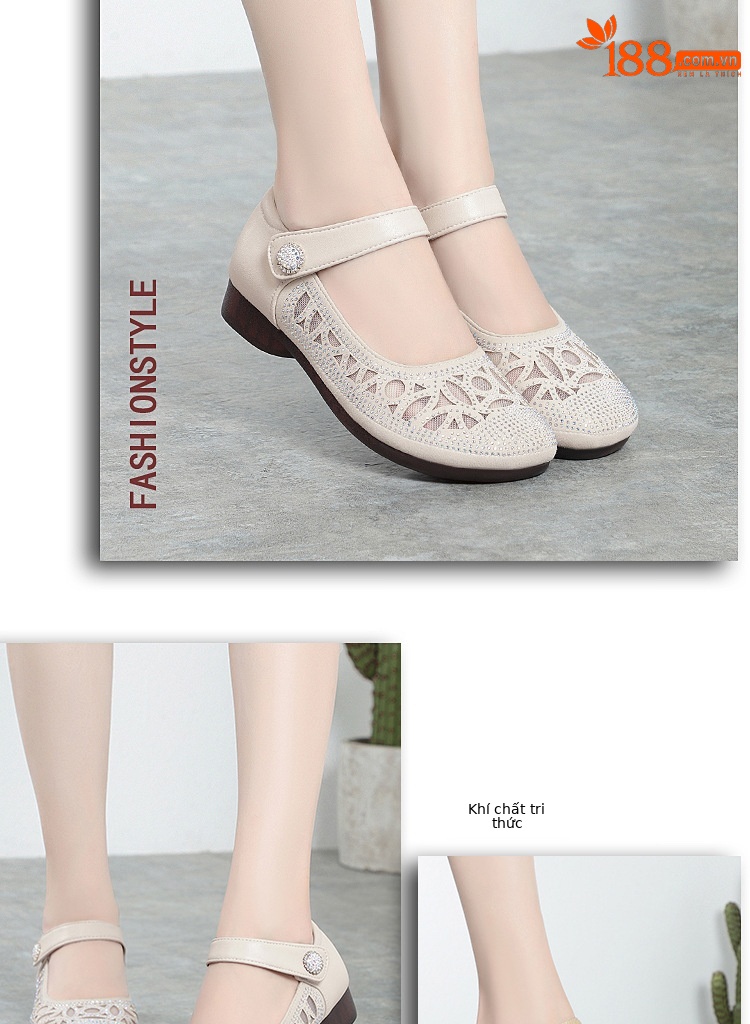 Sandal nữ đế bệt da thật mặt lưới thoáng mát — Màu be chi tiết 11