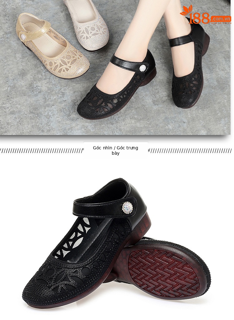Sandal nữ đế bệt da thật mặt lưới thoáng mát — Màu be chi tiết 15