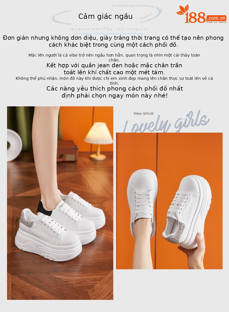 Giày sneaker nữ chunky đế dày màu trắng phong cách thể thao — Trắng, đen, Bạc chi tiết 3