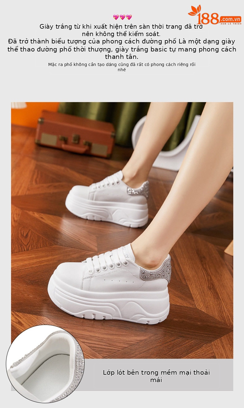 Giày sneaker nữ chunky đế dày màu trắng phong cách thể thao — Trắng, đen, Bạc chi tiết 4