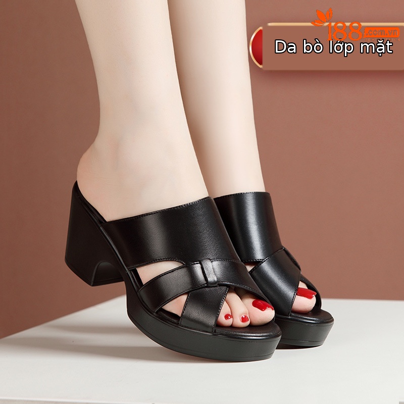Sandal cao gót nữ hở mũi đế xuồng da thật gót 9cm — Màu trắng 9cm, Màu đen 9cm, Màu trắng 7cm, Đen 7cm