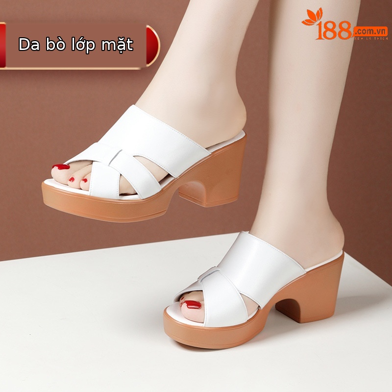 Sandal cao gót nữ hở mũi đế xuồng da thật gót 9cm — Màu trắng 9cm, Màu đen 9cm, Màu trắng 7cm, Đen 7cm