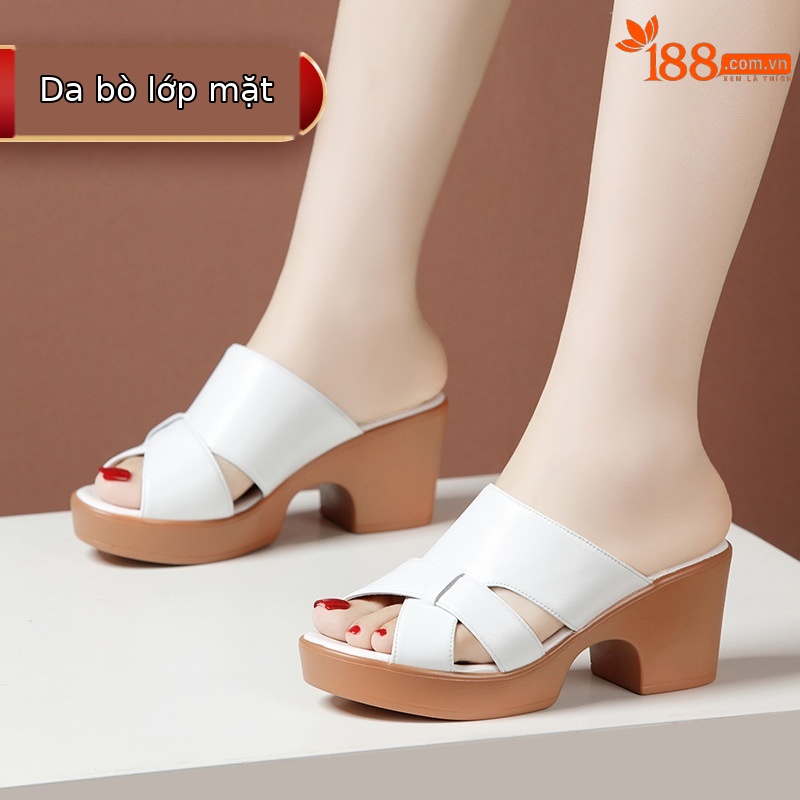Sandal cao gót nữ hở mũi đế xuồng da thật gót 9cm — Màu trắng 9cm, Màu đen 9cm, Màu trắng 7cm, Đen 7cm