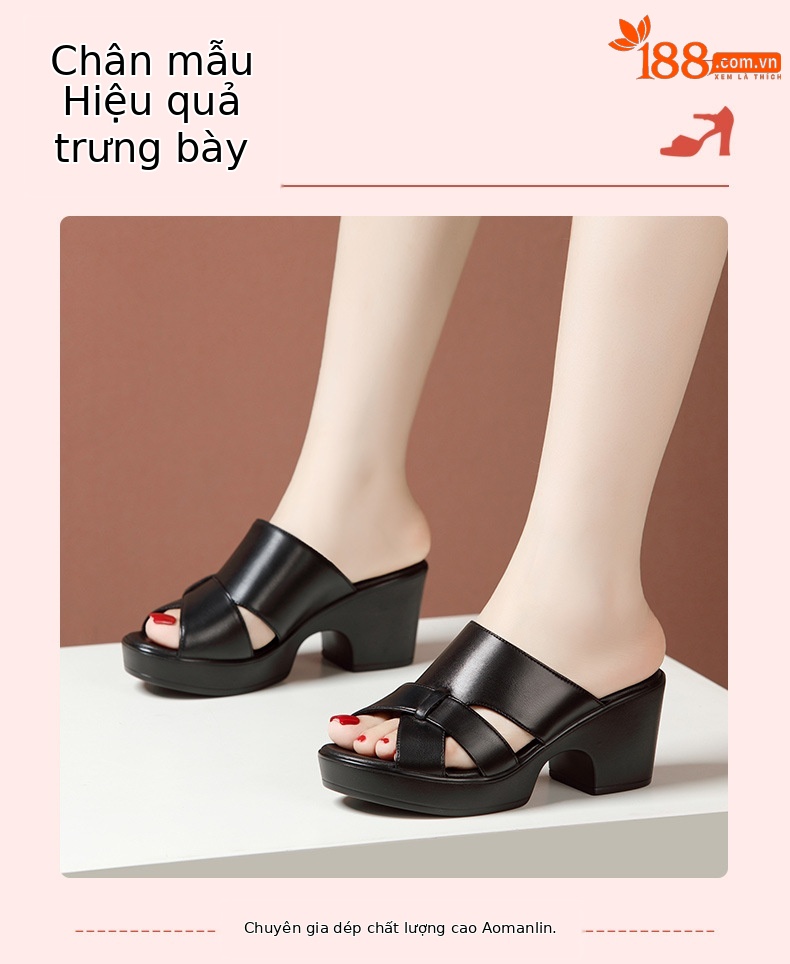 Sandal cao gót nữ hở mũi đế xuồng da thật gót 9cm — Màu trắng 9cm, Màu đen 9cm, Màu trắng 7cm, Đen 7cm chi tiết 6