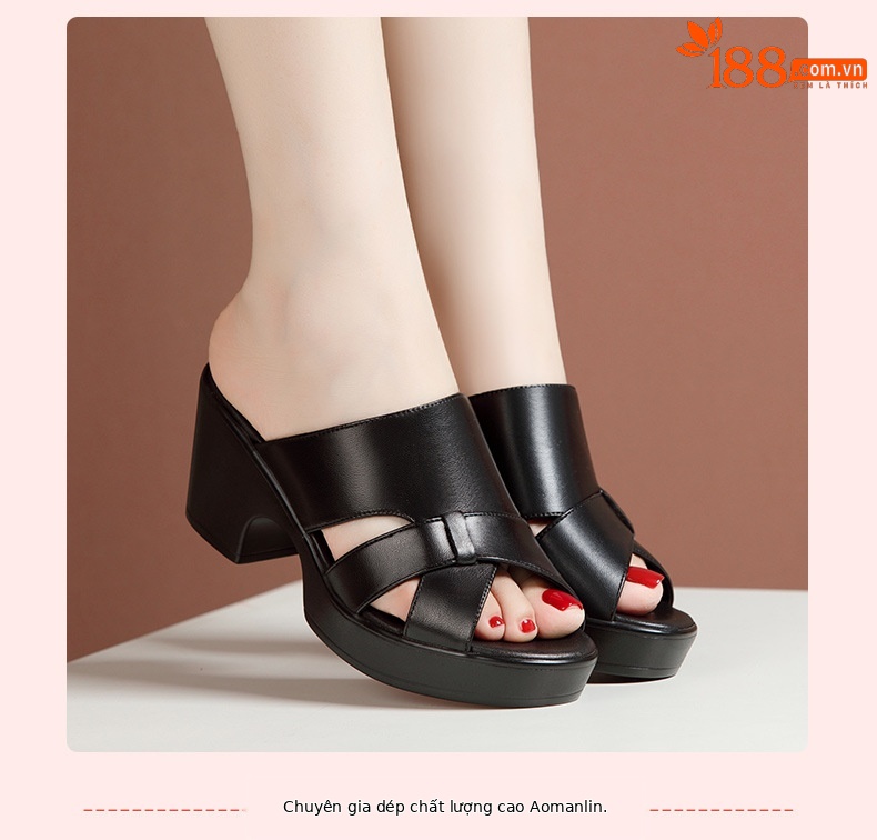 Sandal cao gót nữ hở mũi đế xuồng da thật gót 9cm — Màu trắng 9cm, Màu đen 9cm, Màu trắng 7cm, Đen 7cm chi tiết 9