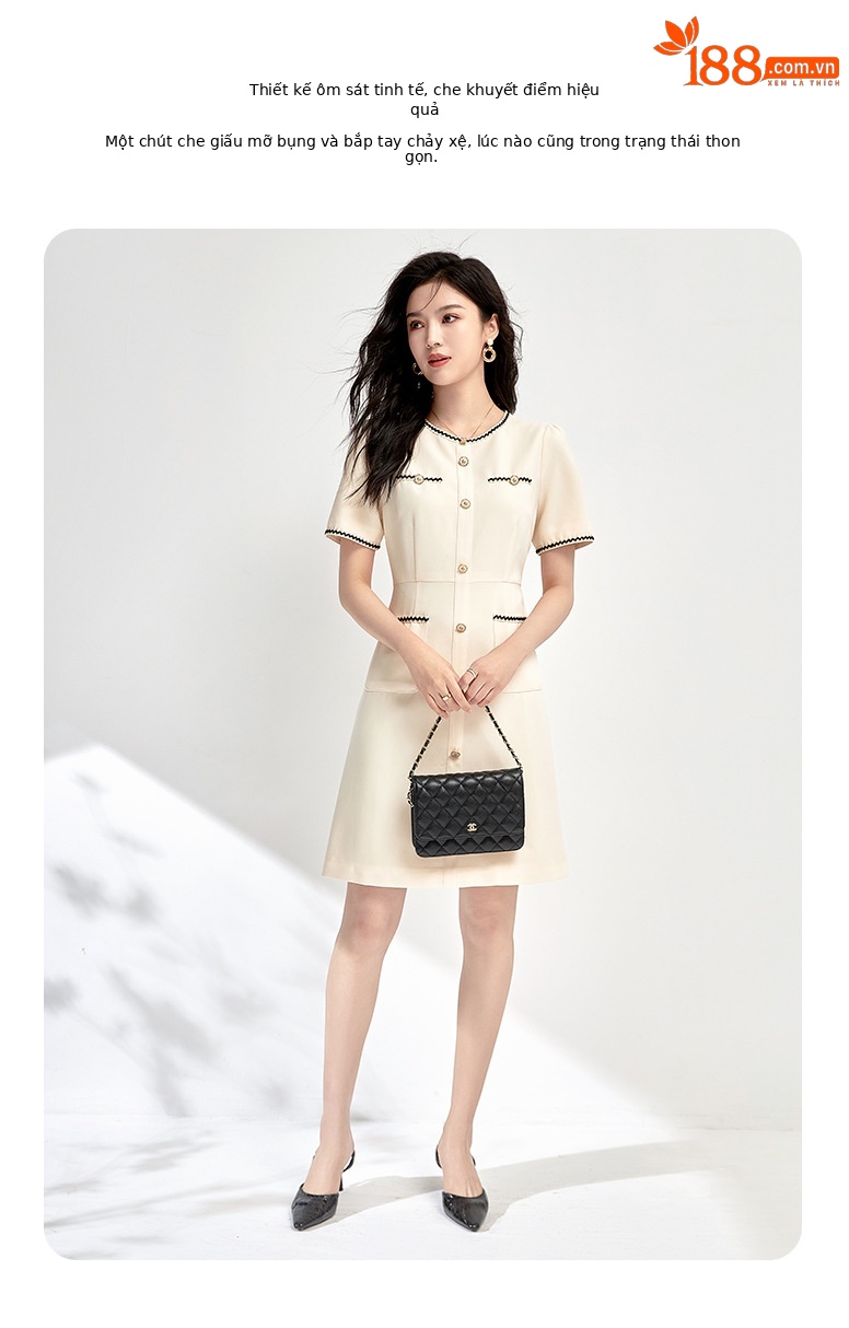 Đầm suông nữ midi chiết eo che thịt phong cách tiểu thơm — Màu đen chi tiết 2