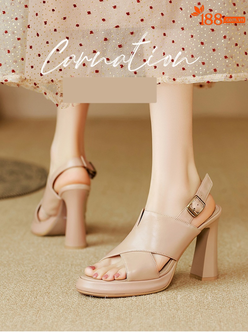 Sandal cao gót nữ quai ngang hở ngón da cừu cao cấp gót 10 cm — Màu đen chi tiết 1