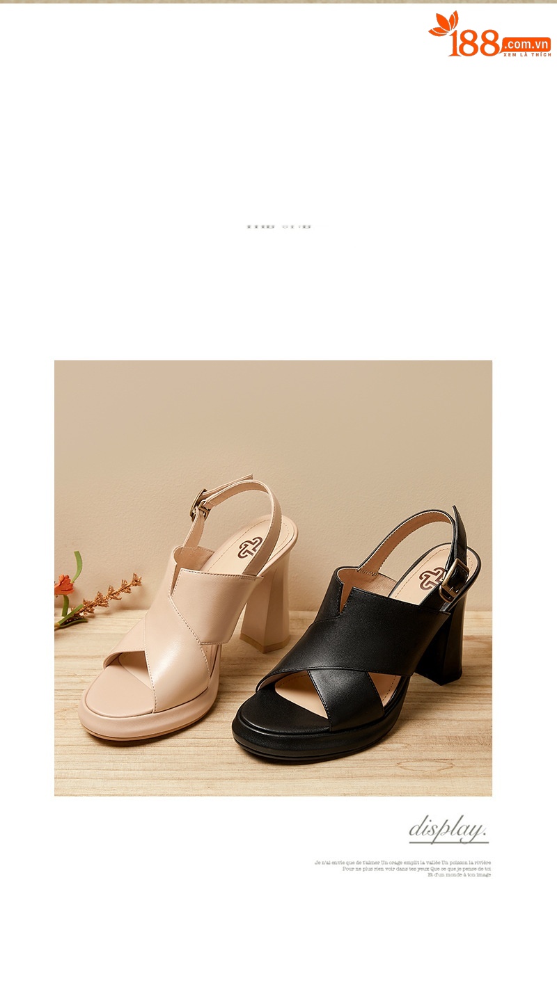 Sandal cao gót nữ quai ngang hở ngón da cừu cao cấp gót 10 cm — Màu đen chi tiết 12