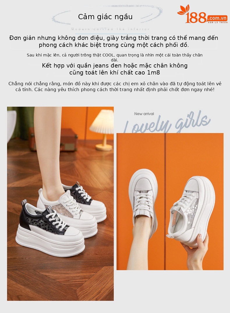 Giày sneaker nữ chunky đế dày lưới thoáng khí phong cách platform — Trắng, Đen chi tiết 3