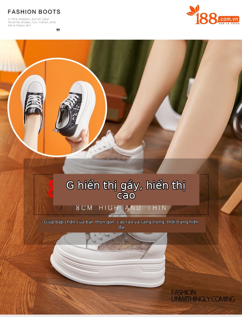 Giày sneaker nữ chunky đế dày lưới thoáng khí phong cách platform — Trắng, Đen chi tiết 8