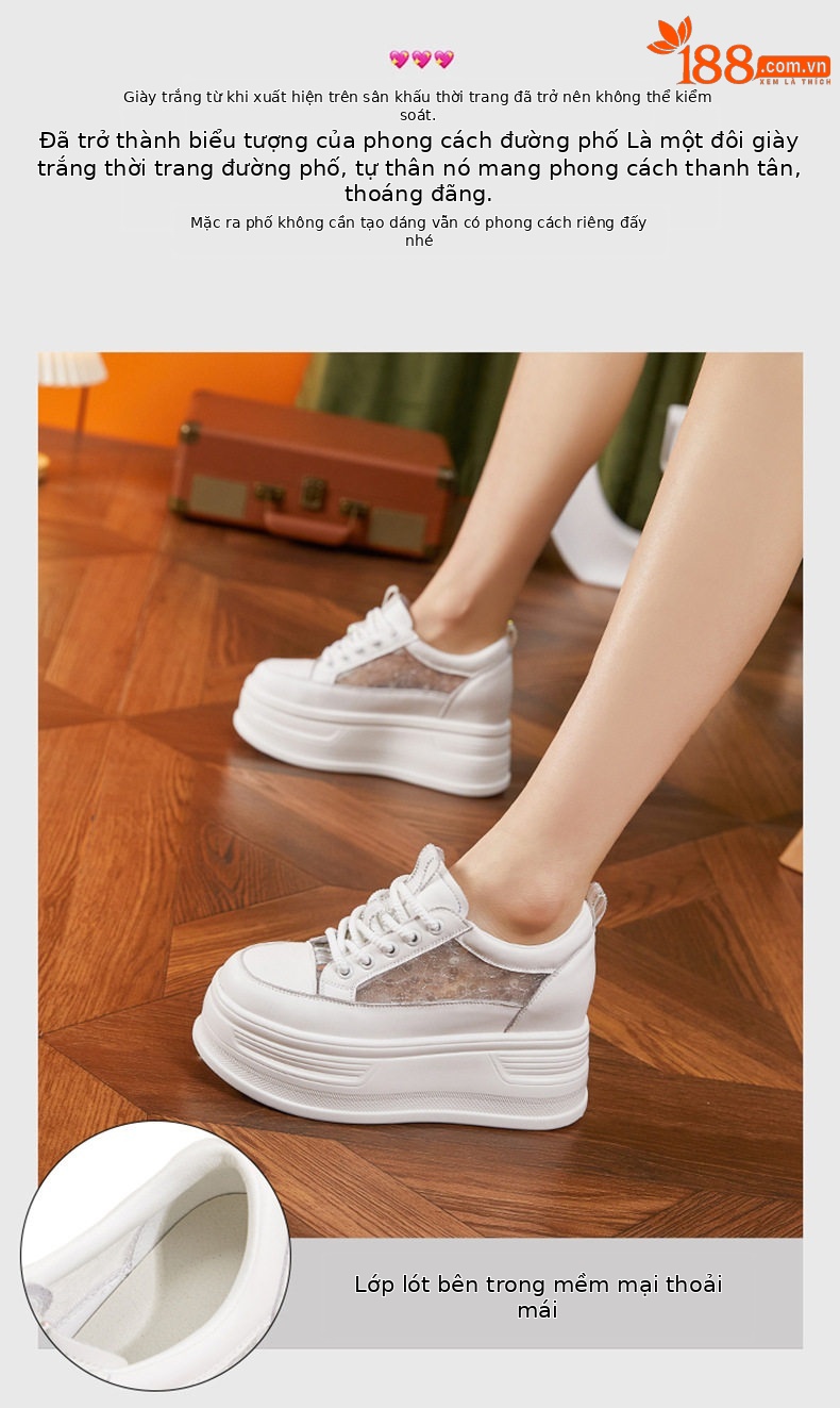 Giày sneaker nữ chunky đế dày lưới thoáng khí phong cách platform — Trắng, Đen chi tiết 4